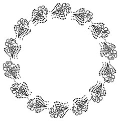 Round black and white frame outline decorative flowers. Copy space. 