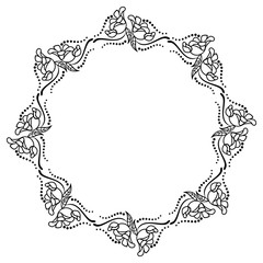 Round black and white frame outline decorative flowers. Copy space.