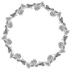 Round black and white frame outline decorative flowers. Copy space. 