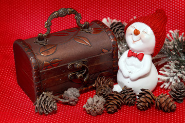 Happy New Year. Festive composition with snowman and casket