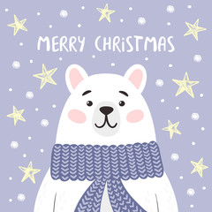 Fototapeta premium Funny bear on winter background with Merry Christmas lettering. Vector illustration.