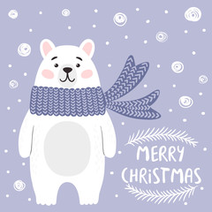 Cute polar bear in knit scarf. Merry Christmas hand-draw lettering. Vector illustration for winter holidays and greeting cards.