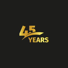 Isolated abstract golden 45th anniversary logo on black background. 45 number logotype. Forty five years jubilee celebration icon. Birthday emblem. Vector illustration.