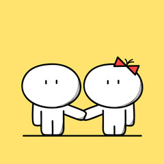 Cute man and woman couple, boy and girl holding hands on the yellow background. Date, love and relationships - cartoon vector illustration.