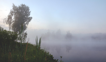 Misty summer landscape with river