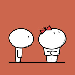 Cute man and woman have a fight or quarrel, angry and offended girl with cross hands on the brown background. Conflict and divorce - cartoon vector illustration.