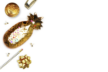 Naklejka premium Feminine scene. Mock-up background. Woman desk. Flat lay