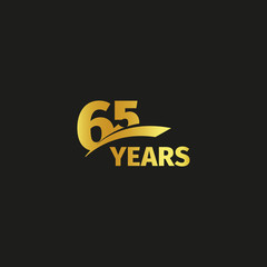 Isolated abstract golden 65th anniversary logo on black background. 65 number logotype. Sixty-five years jubilee celebration icon. Birthday emblem. Vector illustration.