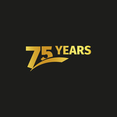 Isolated abstract golden 75th anniversary logo on black background. 75 number logotype. Seventy-five years jubilee celebration icon. Birthday emblem. Vector illustration.