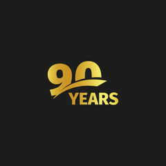 Isolated abstract golden 90th anniversary logo on black background. 90 number logotype. Ninty years jubilee celebration icon. Nintieth birthday emblem. Vector illustration.