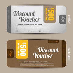 Vector gift voucher on the light gray hexagon pattern and brown background.
