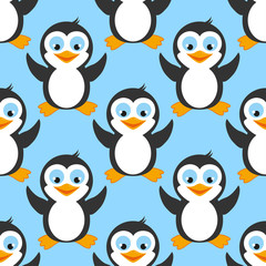 Cute pattern with funny penguin. Seamless blue pattern with polar bird. 