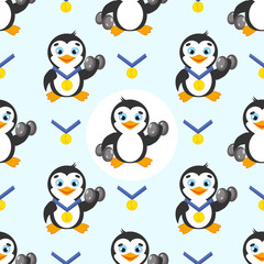 Funny sport pattern with penguin and medals on a blue background. 