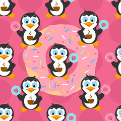 Милый паттерн с пончиками и пингвинами, которые пьют кофе и едят пончики.
