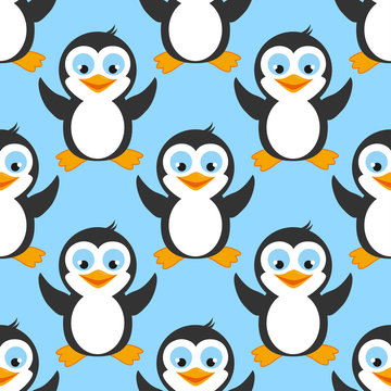 Cute pattern with funny penguin. Seamless blue pattern with polar bird. 