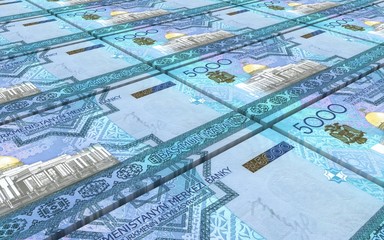 Turkmenistan money bills stacks background. 3D illustration.