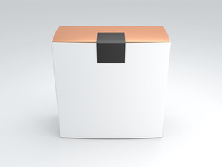 Golden Box packaging with black sticker and white Cover. 3d rendering