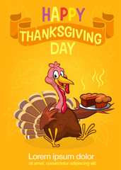Thanksgiving turkey in pilgrim hat serving hot pumpkin pie. Vector cartoon invitation for party