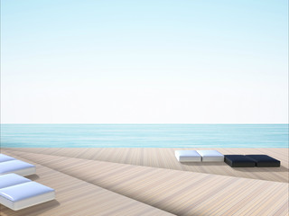 Fototapeta na wymiar Beach lounge contemporary - Sundeck on Sea view for vacation Yoga summer / Background