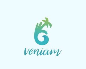 Obraz premium Hand palm Ok vector logo symbol icon. Ocean wave idea logotype. Travel vacation creative sign.