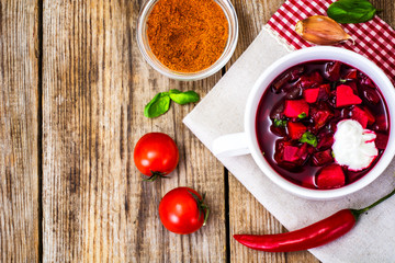 Food without meat. Vegetarian vegetable soup with beetroot