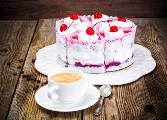 Coffee, Cake with Cream and Cherry