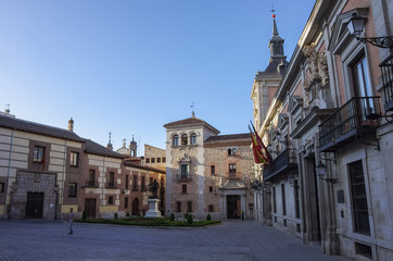 Plaza de La Villa with unidentified people in the old town of Madrid is probably the oldest civil square dating back to 15th century. Madrid