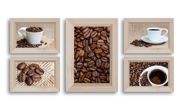 Collage of five wooden photo frames with coffee motif posters.