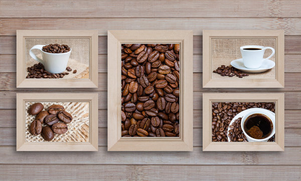 Collage of five wooden photo frames with coffee motif posters on wooden panels background, coffee shop interior decor