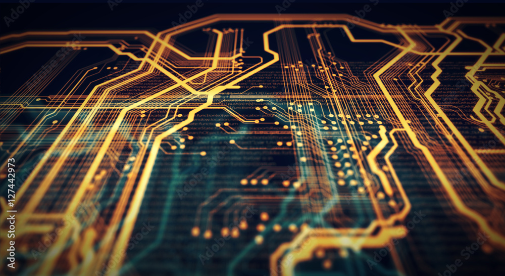Fototapete Technology background/Technology background of the abstract computer motherboard, can be used in the description of technological processes, science. Can be used as digital dynamic wallpaper.