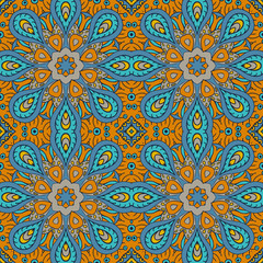 Seamless pattern doodle ornament. Colorful background. Ethnic motives. Zentangl. Mustard and blue tones