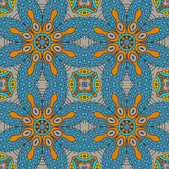 Seamless ornament. Colorful background. Ethnic motives. Zentagl. Mustard and Blue