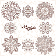 Mandala set. Round decorative ornaments for creativity. Doodle drawing, ethnic motifs. 8 pictures