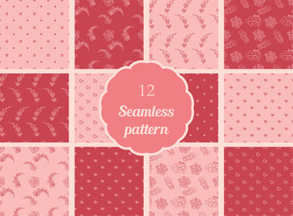 Abstract flowers, hearts, circles. Set of seamless patterns in soft red and red tones. The patterns for textiles, scrapbooking and other creative