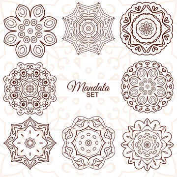 Mandala. Set of round ornaments for creativity. Doodle drawing, ethnic motifs. 8 pictures