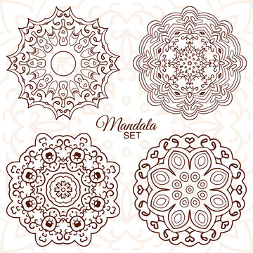 Mandala. Set of round ornaments for creativity. Doodle drawing, ethnic motifs. 4 pictures