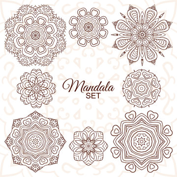 Mandala set. Round decorative ornaments for creativity. Doodle drawing, ethnic motifs. 8 images Boho Style