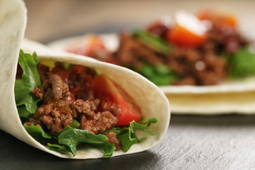 homemade tortilla with beef, frillice and vegetables