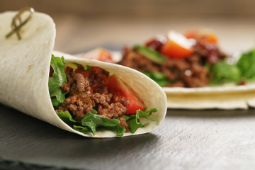 homemade tortilla with beef, frillice and vegetables