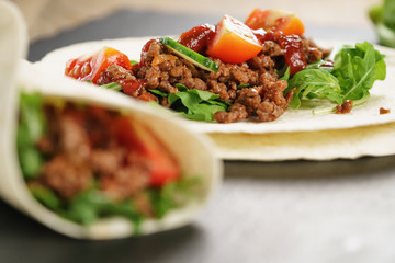 homemade tortilla with beef, frillice and vegetables