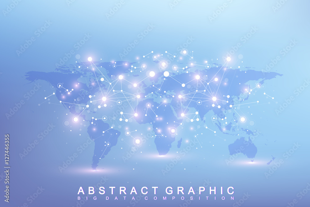 Leinwandbilder Graphic abstract background communication. Big data complex with compounds. Perspective backdrop with World Map. Minimal array Big data. Digital data visualization. Scientific vector illustration.