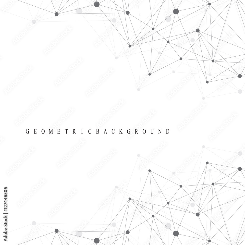 Poster Graphic abstract background communication. Geometric scientific pattern with compounds. Minimal array lines and dots. Digital data visualization. Scientific vector illustration for your design