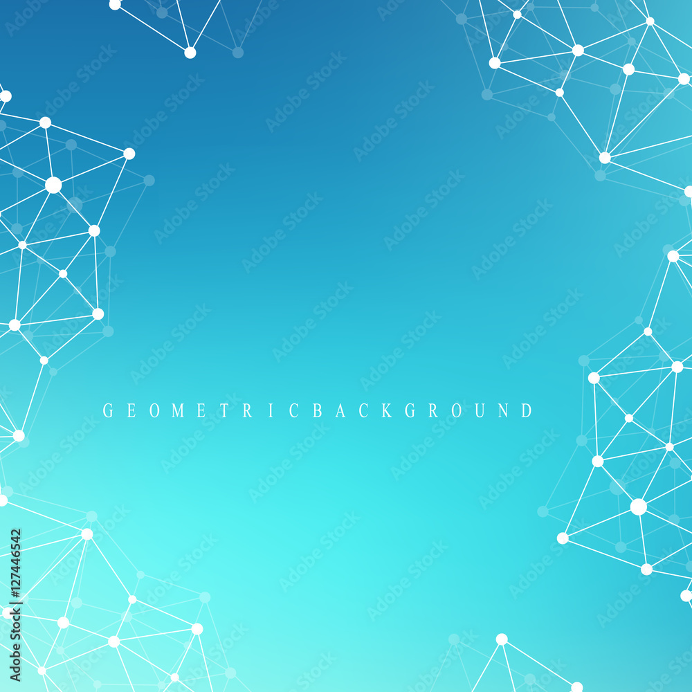 Poster Graphic abstract background communication. Geometric scientific pattern with compounds. Minimal array lines and dots. Digital data visualization. Scientific vector illustration for your design