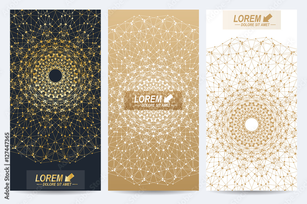 Poster modern set of vector flyers. geometric abstract presentation with golden mandala. molecule and commu
