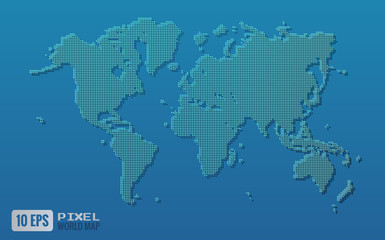 Green pixel world map on blue background