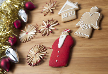Christmas  decorations on wooden background with plenty of space