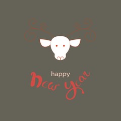 Fototapeta na wymiar Stylized deer head and hand drawn red and lettering Happy New year, congratulation card vector illustration