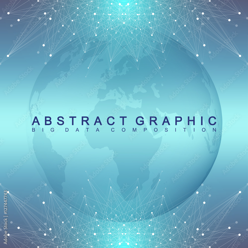 Poster Graphic abstract background communication. Geometric scientific pattern with compounds. Minimal array lines and dots. Digital data visualization. Scientific vector illustration for your design