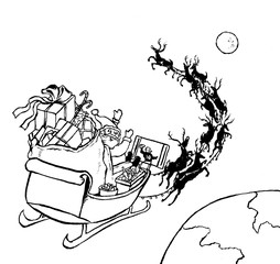 Obraz premium Santa in sleigh watching football B&W line