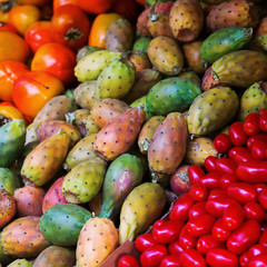 food market display with cactus pear